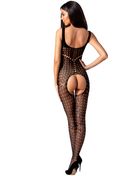 Schwarzer passion bodystocking bs078 mit schwarzem transparentem stoff und geometrischem muster, rückseite geöffnet