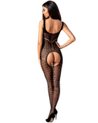 Schwarzer passion bodystocking bs078 mit schwarzem transparentem stoff und geometrischem muster, rückseite geöffnet
