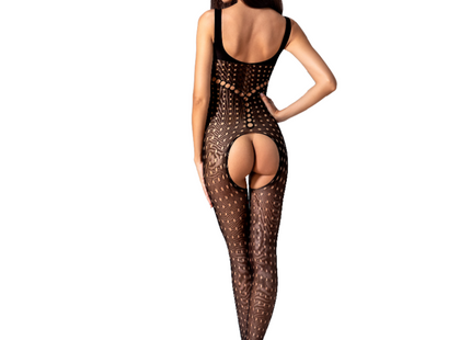 Schwarzer passion bodystocking bs078 mit schwarzem transparentem stoff und geometrischem muster, rückseite geöffnet