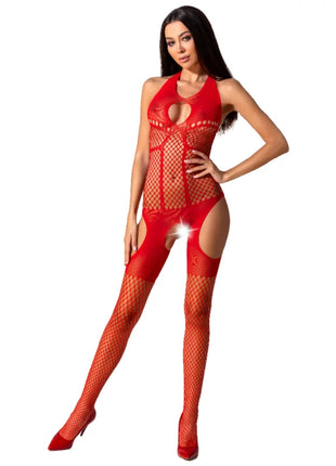 Roter fishnet bodystocking mit cutout details und hoch ausgeschnittenen beinen aus der serie passion woman bs079 schwarz eine größe