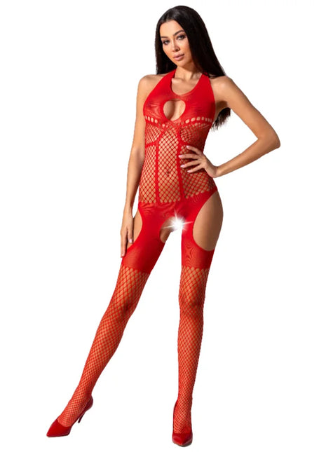 Roter fishnet bodystocking mit cutout details und hoch ausgeschnittenen beinen aus der serie passion woman bs079 schwarz eine größe
