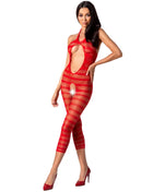 Roter gestreifter mesh-bodyconanzug passion woman bs081 mit cutout-details schwarz eine größe