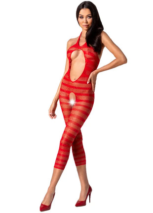 Roter gestreifter mesh-bodyconanzug passion woman bs081 mit cutout-details schwarz eine größe