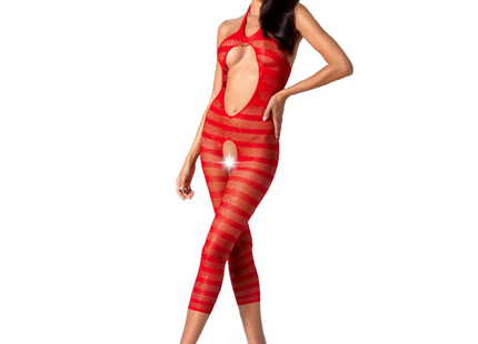 Roter gestreifter mesh-bodyconanzug passion woman bs081 mit cutout-details schwarz eine größe