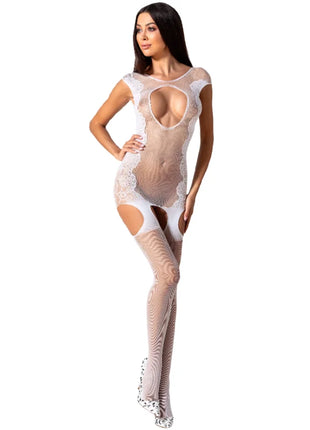 Weißer lace bodystocking passion woman bs082 mit transparentem mesh und cut-out details eine größe