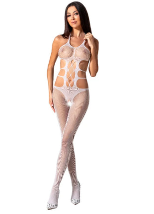 Weißer sheer mesh bodystocking passion woman bs084 mit halterneck und cut-out mustern eine größe schwarz