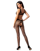 Black sheer fishnet bodysuit passion woman bs085 with geometric pattern and open-back design in schwarz eine größe