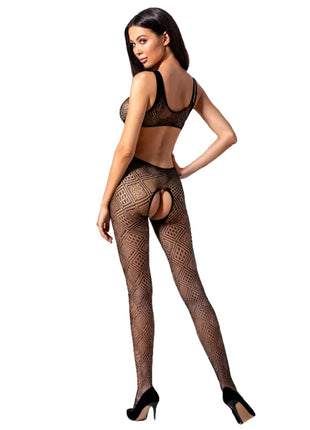 Black sheer fishnet bodysuit passion woman bs085 with geometric pattern and open-back design in schwarz eine größe