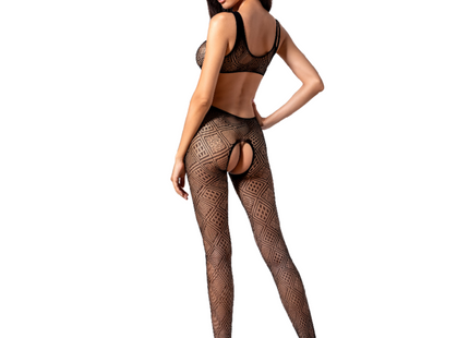 Black sheer fishnet bodysuit passion woman bs085 with geometric pattern and open-back design in schwarz eine größe