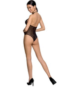 Schwarzer transparenter bodystocking passion woman bs088 mit gepunktetem muster und neckholder ausschnitt in one size