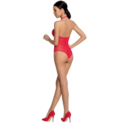 Rote mesh-bodystocking passion woman bs088 mit halter-neck und rückenfreiem design in einheitsgröße