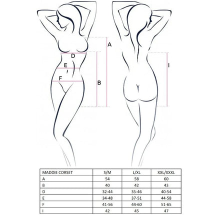 Passion woman Maddie schwarzes Korsett mit Maßangaben für Größen S/M L/XL und XXL/XXXL