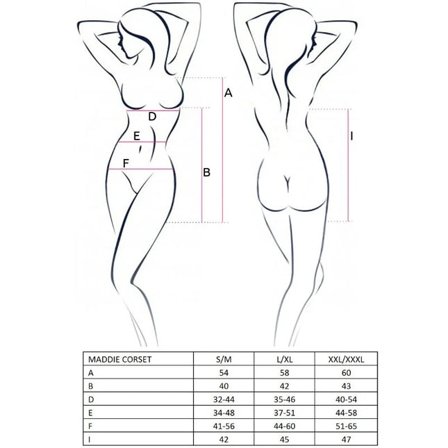 Passion woman Maddie schwarzes Korsett mit Maßangaben für Größen S/M L/XL und XXL/XXXL