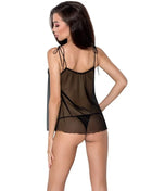 Passion woman melania chemise s m schwarzes durchsichtiges mesh lingerieset mit dünnen bänder-verschlussriemen und gezacktem saum
