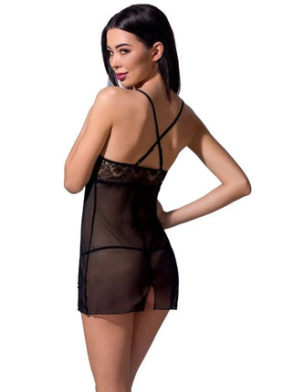 Schwarzes durchsichtiges nachtgewand mit spitzenbesatz und gekreuzten rückenträgern passio woman quentris chemise s m hinten