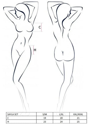 Schwarzes passion woman sayla set in s m mit weiblicher figur front und rückansicht als schwarze linienzeichnung