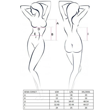 Xena korsett größentabelle für passion woman in s/m l/xl und xxl/xxxl mit maßangaben