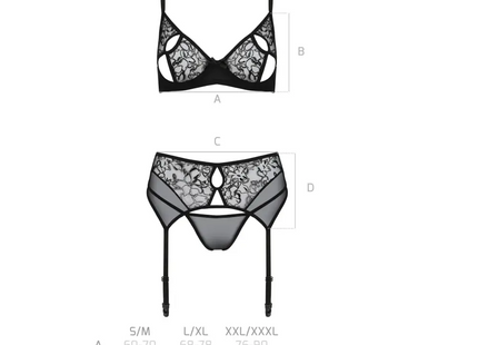 Passionsblüte: Luxus-Samt-3-teiliges Set mit Blumenmuster - 2XL/3XL / schwarz - Sexy Dessous-Set