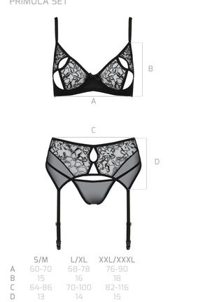 Passionsblüte: Luxus-Samt-3-teiliges Set mit Blumenmuster - 2XL/3XL / schwarz - Sexy Dessous-Set