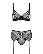 Passionsblüte: Luxus-Samt-3-teiliges Set mit Blumenmuster - S/M / schwarz - Sexy Dessous-Set