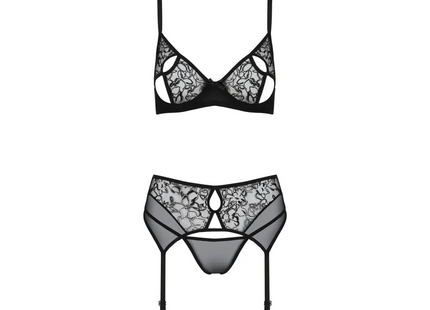 Passionsblüte: Luxus-Samt-3-teiliges Set mit Blumenmuster - S/M / schwarz - Sexy Dessous-Set