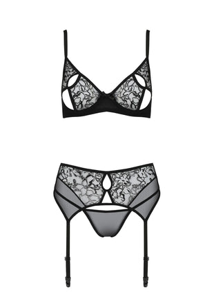 Passionsblüte: Luxus-Samt-3-teiliges Set mit Blumenmuster - S/M / schwarz - Sexy Dessous-Set