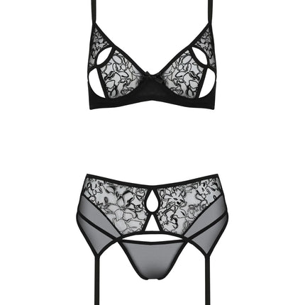 Passionsblüte: Luxus-Samt-3-teiliges Set mit Blumenmuster - S/M / schwarz - Sexy Dessous-Set