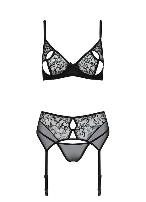 Passionsblüte: Luxus-Samt-3-teiliges Set mit Blumenmuster - S/M / schwarz - Sexy Dessous-Set
