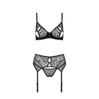 Passionsblüte: Luxus-Samt-3-teiliges Set mit Blumenmuster - S/M / schwarz - Sexy Dessous-Set