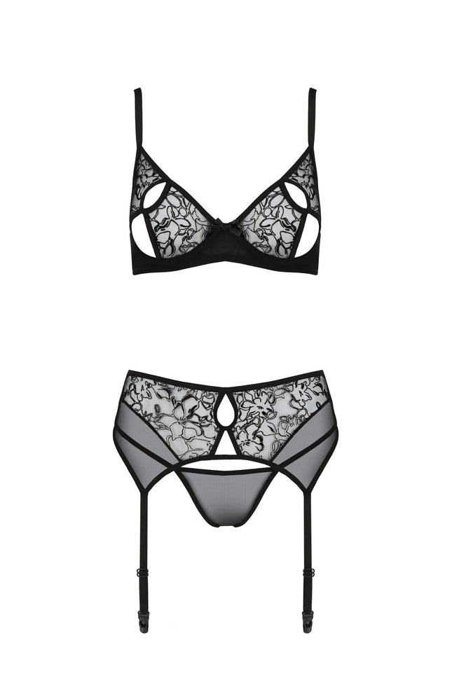 Passionsblüte: Luxus-Samt-3-teiliges Set mit Blumenmuster - S/M / schwarz - Sexy Dessous-Set