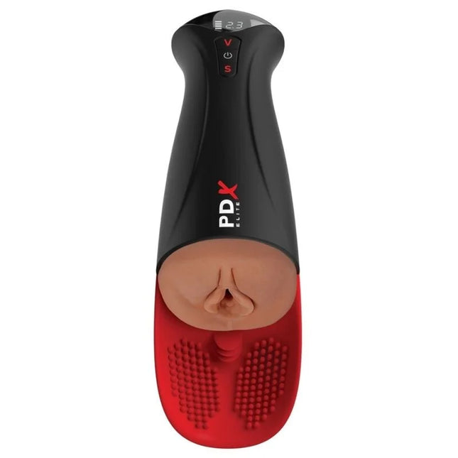 Schwarzer und roter pdx elite automatischer masturbator mit silikonkopf und strukturiertem fuß für stimulation braun 34,9 cm