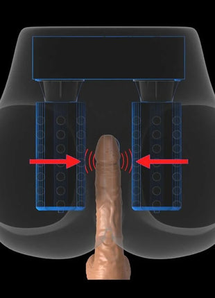 Schwarzes silikon taillentragbares vibratorygerät mit zwei zylindrischen kammern und mechanischen komponenten pdx elite mega masturbator