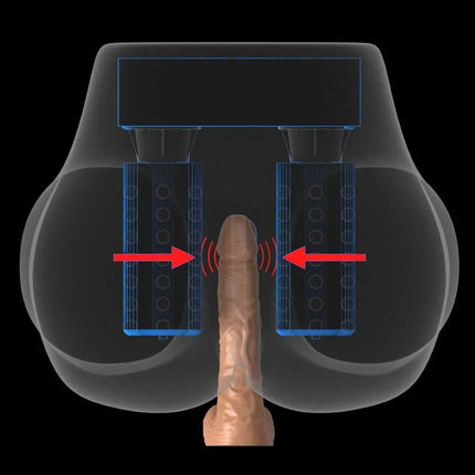 Schwarzes silikon taillentragbares vibratorygerät mit zwei zylindrischen kammern und mechanischen komponenten pdx elite mega masturbator
