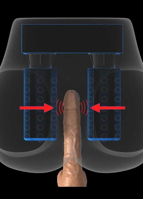Schwarzes silikon taillentragbares vibratorygerät mit zwei zylindrischen kammern und mechanischen komponenten pdx elite mega masturbator