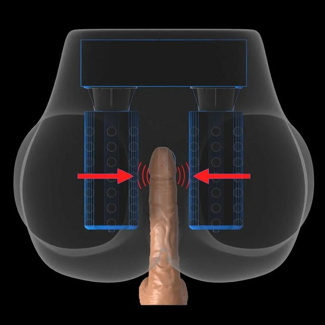 Schwarzes silikon taillentragbares vibratorygerät mit zwei zylindrischen kammern und mechanischen komponenten pdx elite mega masturbator