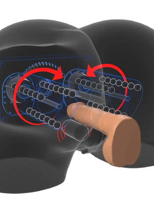 Schwarzes kopfförmiges mechanisches innenleben mit braunem zylindrischem element vorne pdx elite milk me silly mega masturbator
