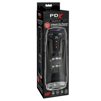 Schwarzer pdx elite moto-bator pro thrusting stroker mit digitalem display und steuerungstasten für automatische vibration und wärme
