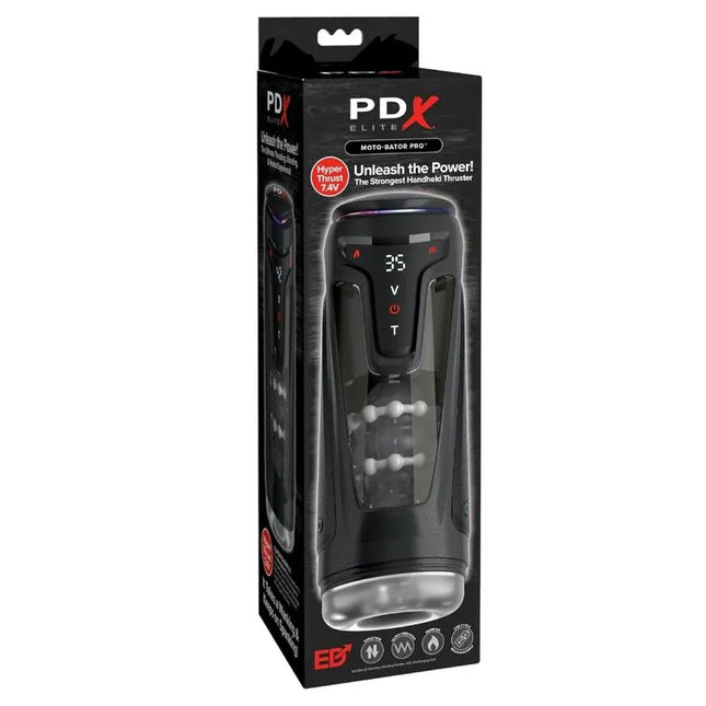 Schwarzer pdx elite moto-bator pro thrusting stroker mit digitalem display und steuerungstasten für automatische vibration und wärme