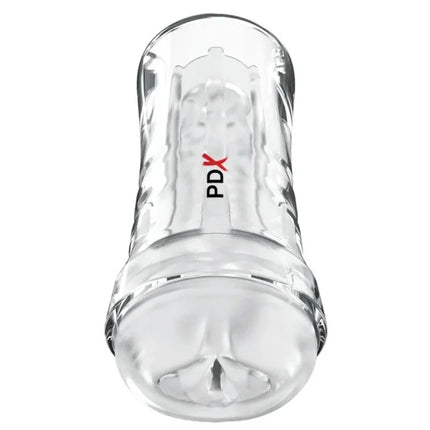 Klarer transparenter silikon cock ring mit strukturierter oberfläche und pdx branding in rot und schwarz für pdx extreme wet