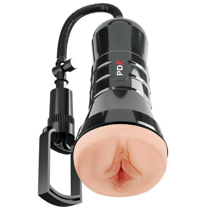 Schwarzes pdx extreme super sucker sauggerät mit flexiblem schlauch und realistischer silikonkopf für feuchte pussies