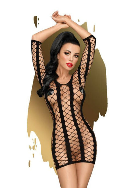 Schwarzer fishnet bodysuit mit langen ärmeln und figurbetontem schnitt penthouse bedtime surprise kleid xl