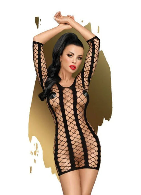 Schwarzer fishnet bodysuit mit langen ärmeln und figurbetontem schnitt penthouse bedtime surprise kleid xl