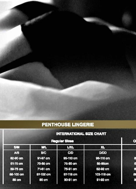 Penthouse catch me panties schwarz s/m größentabelle mit busten, unterbrust, taille, hüfte und schrittlänge