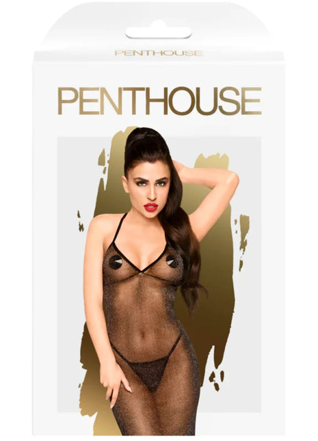 Penthouse love on fire bodysuit lang in schwarz mit transparenter spitze und runden applikationen