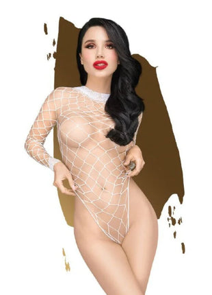 Weißer transparenter fishnet-body mit langarm und hohem kragen von penthouse in xl größe