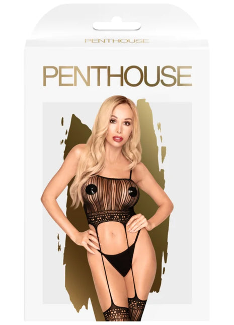 Schwarzer sheer mesh-body mit spitzenbesatz und passendem string von penthouse im sex dealer bodystocking xl design
