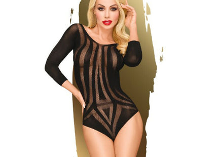 Schwarzer mesh bodysuit mit geometrischem muster und langen ärmeln aus der penthouse under my spell teddy xl kollektion