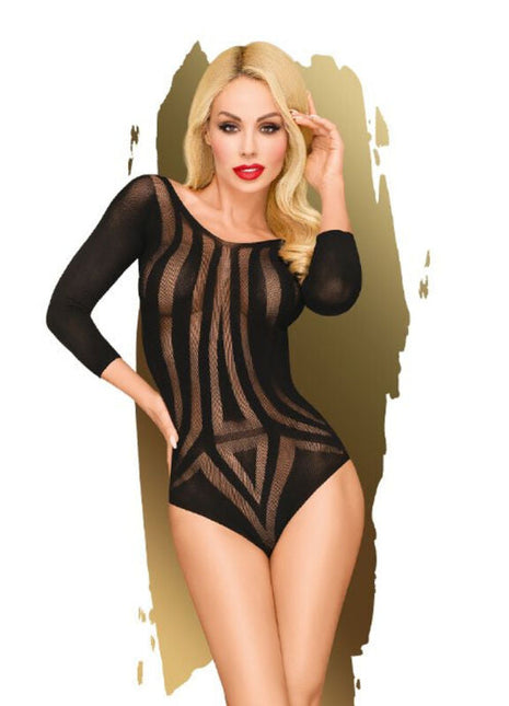 Schwarzer mesh bodysuit mit geometrischem muster und langen ärmeln aus der penthouse under my spell teddy xl kollektion