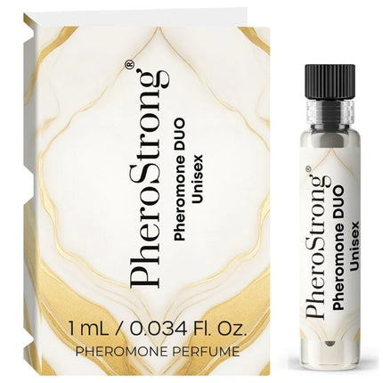 Pherostrong duo unisex pheromonparfum 1 ml in klarem glasflakon mit schwarzem deckel und goldadern auf weißer verpackung
