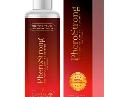Rote verlaufflasche pherostrong massageöl mit silberpumpe und passender roter box 100 ml limitierte auflage für frauen